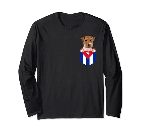 Cuba Flag Russell Terrier Dog In Pocket Long Sleeve T-Shirt, Black