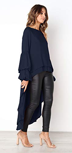 PRETTYGARDEN Women's Lantern Long Sleeve Round Neck High Low Asymmetrical Irregular Hem Casual Tops Blouse Shirt Dress (Navy, Large)