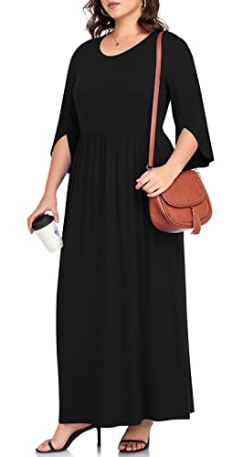TAOHUADAO Women's Summer Plus Size Dresses Crewneck Ruffle 3/4 Sleeve Casual Maxi Dress2