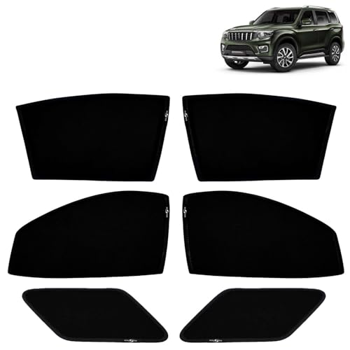 Image of KINGSWAY Car Sun Shade Curtains Only Compatible with Mahindra Scorpio N (2022 Onwards) | Z-Black Fix-Type (Non-Magnetic) | UV & Heat Protection | Pack of 6 Pcs