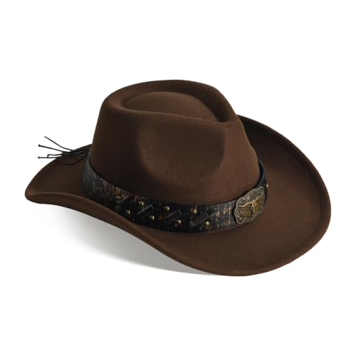 Image of Classic Western Cowboy Hat Cowgirl Hat Unisex Men's & Women's Wide Brim Felt Fedora Hat Flat Top with Buckle Belt