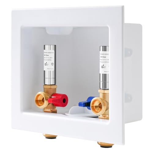 SECKWHALE Washing Machine Outlet Box with Stainless Steel Water Hammer Arrestor 1/2-Inch Push Fit x3/4-Inch MHT with Center Drain Washer Faucet Recessed Box Laundry Washer Valve Outlet Box