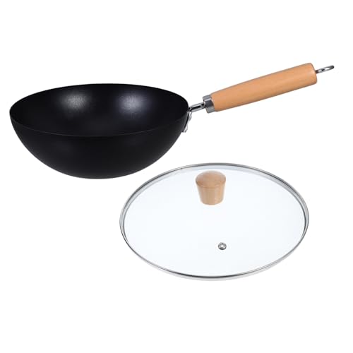 MAGICLULU Sartén Wok Pequeña de Hierro sin Recubrimiento con Tapa Transparente y Mango de Madera Wok para Cocina para Freír Cocinar y Saltear Inducción