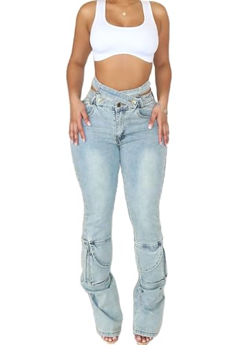 Vaceky High Waisted Cargo Jeans Women Cutout Criss Cross Waist St...