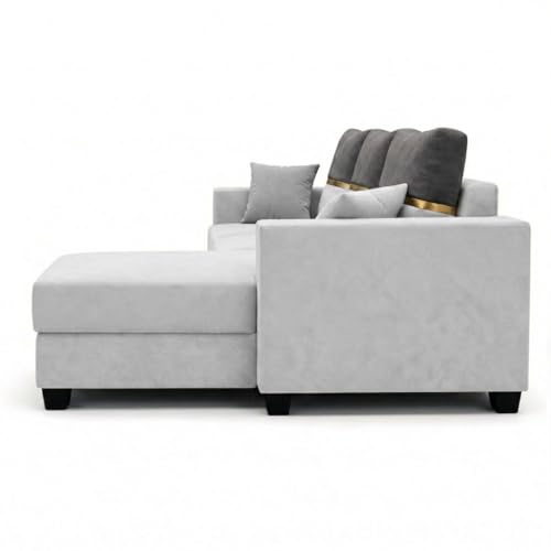 Image of Furny Arvea 4 Seater Fabric RHS L Shape Sofa Set (Light Grey-Dark Grey) | Soft Velvet Fabric | Modern Design | Comfortable Seating | Living Room Furniture