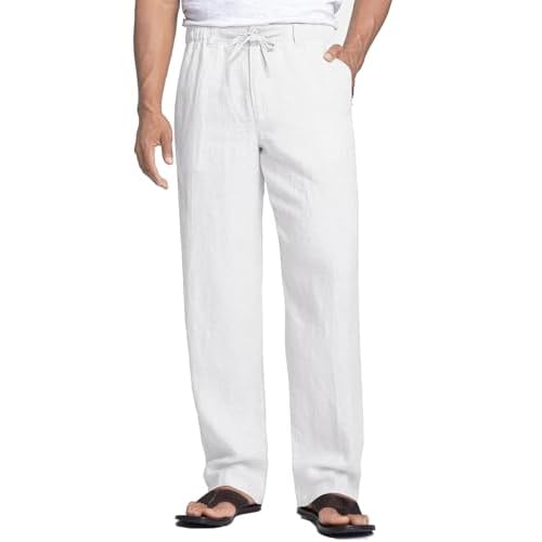 COOFANDY Men's Casual Linen Pants Elastic Waist Drawstring Beach Summer Pants Lightweight Linen Trousers Small White