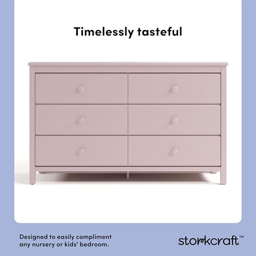 Image of Storkcraft Alpine 6-Drawer Dresser (Blush) - GREENGUARD Gold Certified, Pink Dresser for Bedroom, Kids & Nursery Storage Drawers, Safety Interlocking Drawers, Pre-Installed Tracks, Kids Bedroom