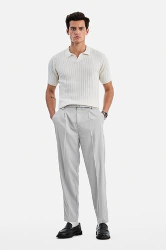 Image of SNITCH Men Trousers Formal Wear | Relaxed Fit Straight Leg Pleated Front & Turned-up Hem Design | Polyester Blend Medium-Stretch Fabric for Office Meetings & Daily Professional Use