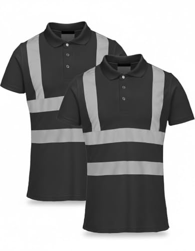 NIYS High Visibility Polo Shirt Yellow Orange Navy Safety Security Work Breathable Lightweight Workwear Top Reflective Tape Small to 3XL (UK, Alpha, XL, Regular, Regular, Pack of 2 Black)