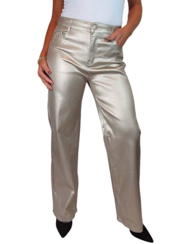 Image of Paulo Due Womens Wide Leg Leather Look Jeans Gold 10-20 (16)