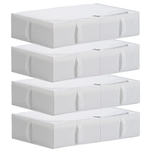 TYEERS Caja de Almacenaje Bajo la Cama con Tapa, Tela Duradera, Lavable, Plegable, Organizador Armario para Ropa, Mantas, Sábanas, Zapatos, 70x42x18 cm, Paquete de 4, Blanco