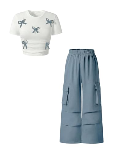Verdusa Girls Clothes 2 Piece Matching Set Cute Spring Outfits 2026 Bow Outfits Crop Tops and Cargo Pants Dusty Blue 11 Years