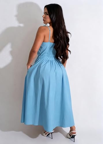 Image of YUEWOO Midi Dresses for Women Casual Summer Sundresses Vacation Outfits Spaghetti Strap Smocked Women Maxi Dress with Pockets