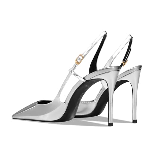 Qunvngutui Womens Pointed Toe Lace Back Strap 3.9IN Sexy Stilettos High heels Sandals Prom Parties Wedding Banquet Shoes Silver PLeather US6 by Qunvngutui - Used condition - Image 4