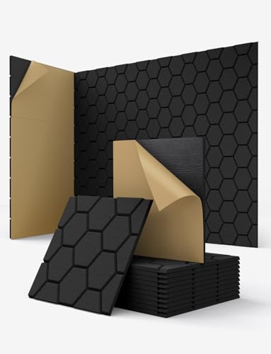 Acoustic Wall Panels Self Adhesive, Honeycomb Peel and Stick Sound Absorbing Panels for Walls, Decorative Hexagon Design Art Tiles for Studio, Home Office, Gaming Room, 18 Pack 12x12x0.4, Black