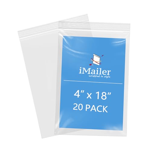 iMailer - 4" x 18" 20 Pack - 2 Mil Resealable Zip Bags - Small Clear Plastic Bags for Storage, Organizing, Crafts, Snacks, Jewelry, Hardware