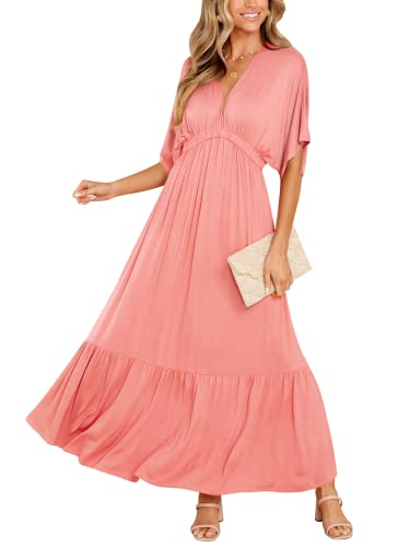 Image of DEEP SELF Women's Summer V Neck Batwing Short Sleeve Maxi Dress Casual Loose High Waist Flowy Long Beach Dress