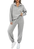 BTFBM Conjunto de 2 peças de moletom feminino de outono 2024 de manga comprida com meio zíper, Cinza liso, Medium