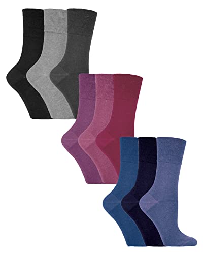 Gentle Grip 9 Pair Multipack Ladies Cotton Crew Non Elastic Socks Womens Soft Top Striped Patterned Non Binding Socks (4-8, Solid Mix)