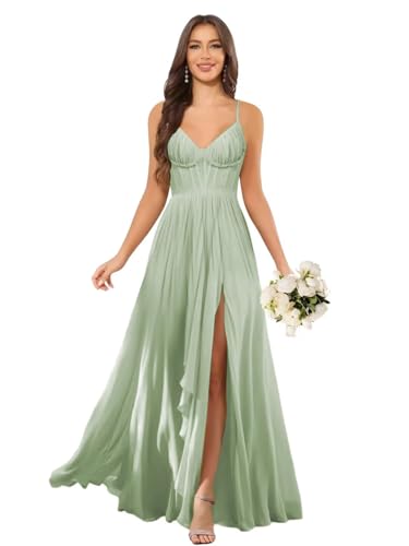 Women's Chiffon Bridesmaid Dresses with Slit Spaghetti Straps V Neck Maxi Formal Dress OE57
