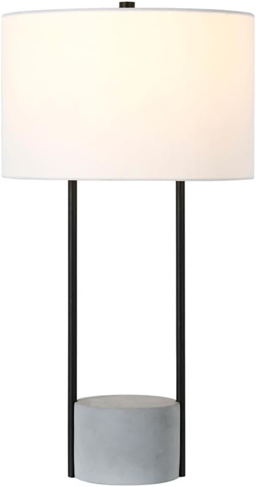 Henn&Hart 27" Industrial 1-Light Table Lamp with White Fabric Drum Shade for Living Room, Bedroom, or Office, Blackened Bronze/Concrete