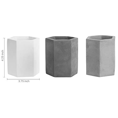 Image of MyGift Set of 3 Cement Decorative Hexagon Multi-Colored Desktop Pen Holder and Pencil Office Supply Stationary Storage Cups (White, Gray, Black)