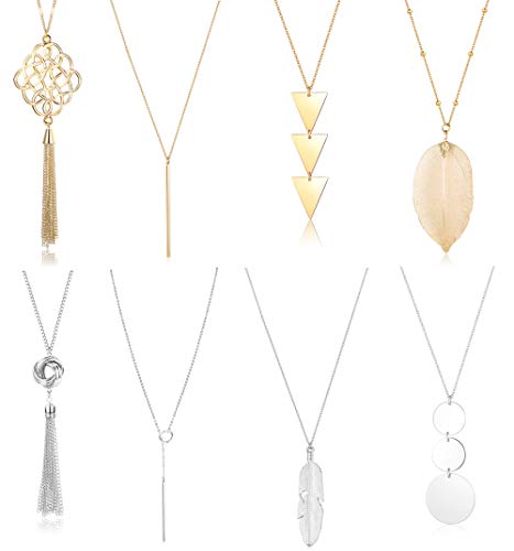 Jstyle 8Pcs Long Pendant Necklace Set Women Bar Circle Leaf Tassel Y Statement Necklace Silver Gold Plated Chain Necklace Set