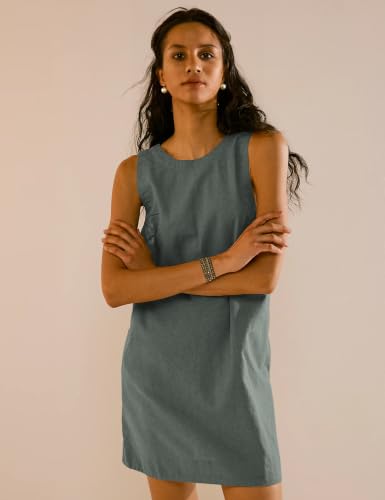 Image of VIUTIL Womens Summer Linen Mini Dress Boat Neck Low Back Sleeveless Tank Dresses with Pockets 2026 Vacation Outfits
