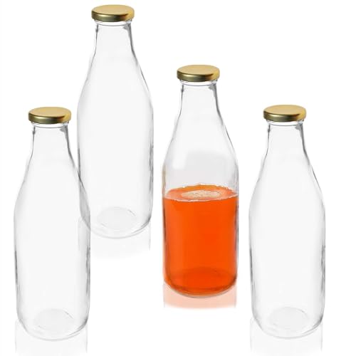 Image of Pure Source India Reusable Leak-Proof 1Litre Glass Bottle with Gold Metal Lid for Beverage & Milk Storage Container (Set of 4)