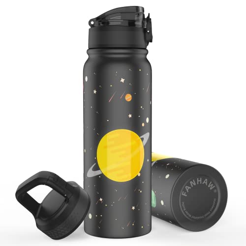 Fanhaw Water Bottles Stainless Steel Insulated Vacuum 20oz Water Bottle for Kids/Adults, 2 Lids Leak Proof Thicken Double Wall for Cold & Hot Beverages, BPA Free, Dishwasher Safe (Space)