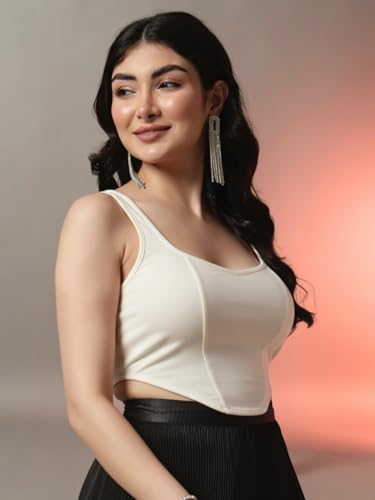 Image of Trend Arrest.ed Women's Stretchable Corset Style Crop Top | Square Neck Sleeveless Zipper Back Body-Hugging Fit | Casual