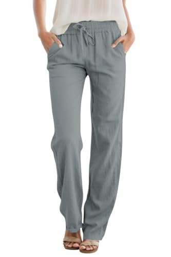 SEMARO Womens Casual Linen High Waist Pants Drawstring Loose Fit Summer Pants Trousers with Side Pockets Grey