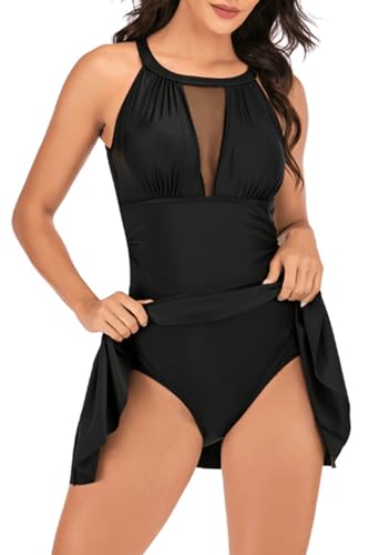 Women One Piece Swim Dress Tummy Control Swimdress Swimsuit Bathing Suit High Neck Mesh Swimwear2