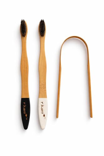 Image of R.Kant Pack of 2 Bamboo Toothbrush Combo for Adults | White & Black | Charcoal Infused Soft Bristles | Eco-Friendly Handle | Includes 2 Toothbrushes & 1 Bamboo Tongue Cleaner