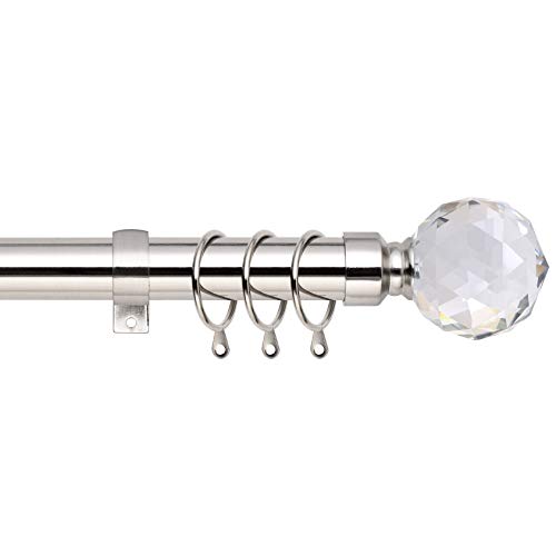 Crystal Ball Extendable Curtain Pole. Includes Pair Of Superior 60mm Size Finials, Rings, Brackets & Fittings Set. (Brushed Chrome, 120cm - 210cm, 48 inch to 83 Inch)
