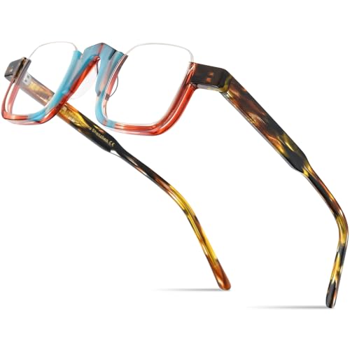 Image of HEPIDEM Matte Multicolor Acetate Glasses Frame Women,Semi Rimless Round Optical Eyeglasses