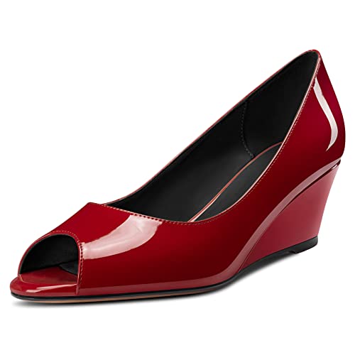 DearOnly Womens Wedge Pumps Peep Open Toe Slip On Low Block Chunky Heel Patent Dress Shoes Cute 2 Inch