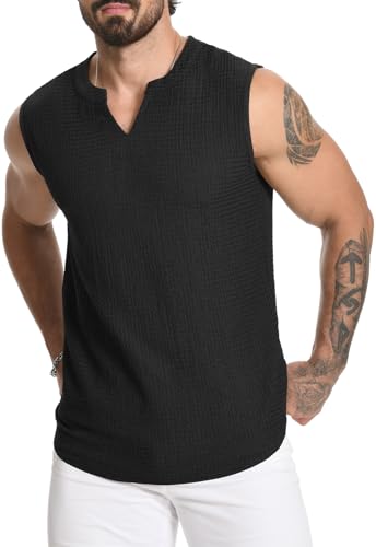 Image of MLANM Men's V-Neck Wave Knit Tank Top Summer Gym Wear Black XL