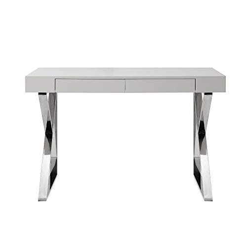 Zosia High Gloss Desk With Polished Stainless Steel Base, Light Grey/Chrome #TOP3