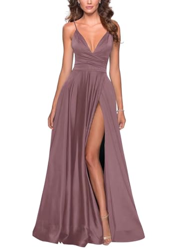 Image of Tvuyet Satin Bridesmaid Dresses with Slit Pleated A Line Spaghetti Straps Formal Prom Evening Gowns