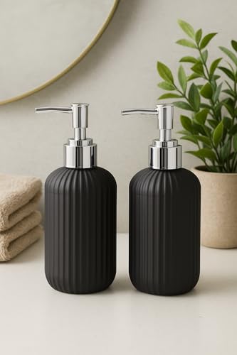 Image of LAGET 300ml Soap Dispenser for wash Basin - White Black Golden Print | Kitchen and Bathroom Accessories Items | Handwash Dispenser Bottle- Set of 2 (Black)