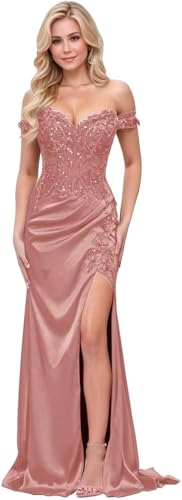 Lace Satin Prom Dresses for Women Long Mermaid Off Shoulder Formal Evening Party Gown with Slit