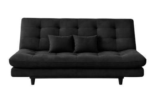 Image of 3-Seater Velvet Sofa Cum Bed | Tufted Convertible Sleeper Sofa | Plush Cushioned Seating | Space-Saving Design for Living Room, Bedroom & Office | Black