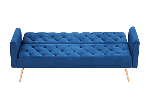 Eafurn 71” Button Tufted Futon Sofa Bed With Armrest, Velvet Convertible Sleeper Couch With Adjustable Backrest And Throw Pillows For Living Room, Small Sofa & Couches With Golden Legs #TOP2