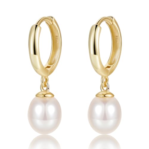 EAMTI Pearl Earrings for Women Trendy 925 Sterling Silver Freshwater Cultured Pearl Huggie Hoop Drop Earrings 14K Gold Plated