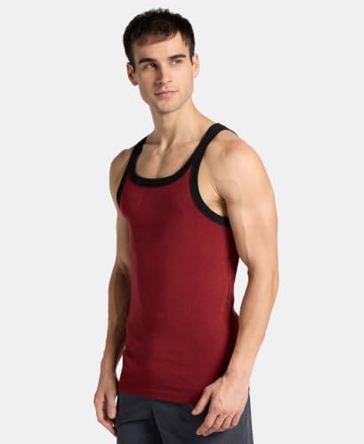 Image of Jockey US27 Men Super Combed Cotton Rib Square Neck Gym Vest Pomegranate Melange & Black XXL