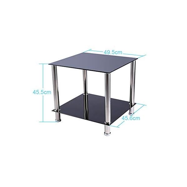 Yosoo 2 Tier End Table Coffee Table Side Table Display Stand or Lamp Table with Tempered Glass Shelves and Chrome Leg, 20''x18''x18'', Black - Image 3
