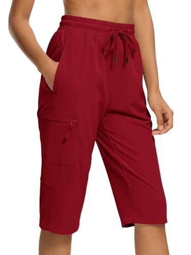DEVOROPA Womens Hiking Long Shorts Knee Length Lightweight Quick Dry Cargo Athletic Bermuda Beach Shorts with Zipper Pockets Red L
