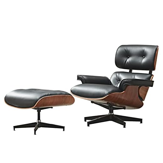 OAKHAM Mid Century Modern Leather Lounge Chair with Ottoman - Classic Style Replica Chair with Palisander Veneer, Black