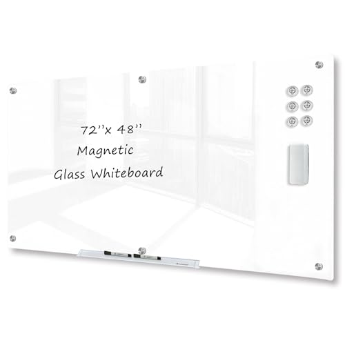 J&J worldwide Pizarra blanca de cristal, pizarra magnética de borrado en seco de vidrio blanco brillante de 6 x 4 pies, incluye marcadores, bandeja de marcadores, borrador para pared, oficina, hogar,